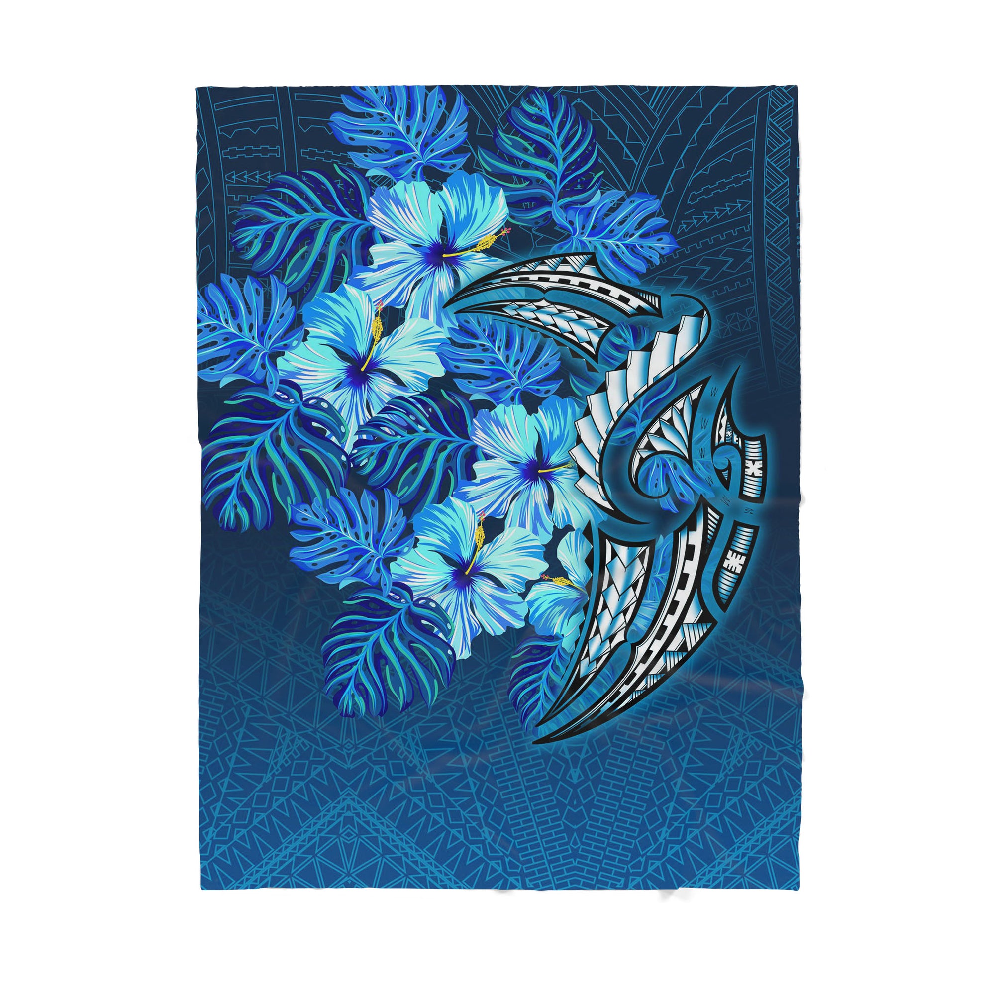 Amazing Polynesian Hibiscus Flower Blue Sherpa Blanket ML