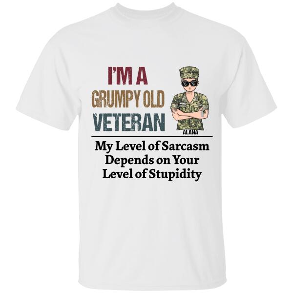 I'm A Grumpy Old Veteran Woman My Level Of Sarcasm Personalized T-Shirt, Mug, Best Gifts For Veterans Day