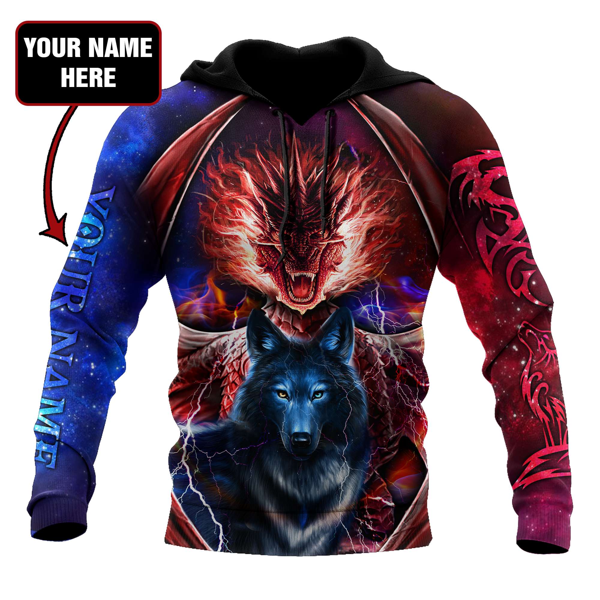 Dragon And Wolf 3D Over Printed Hoodie Custom Name