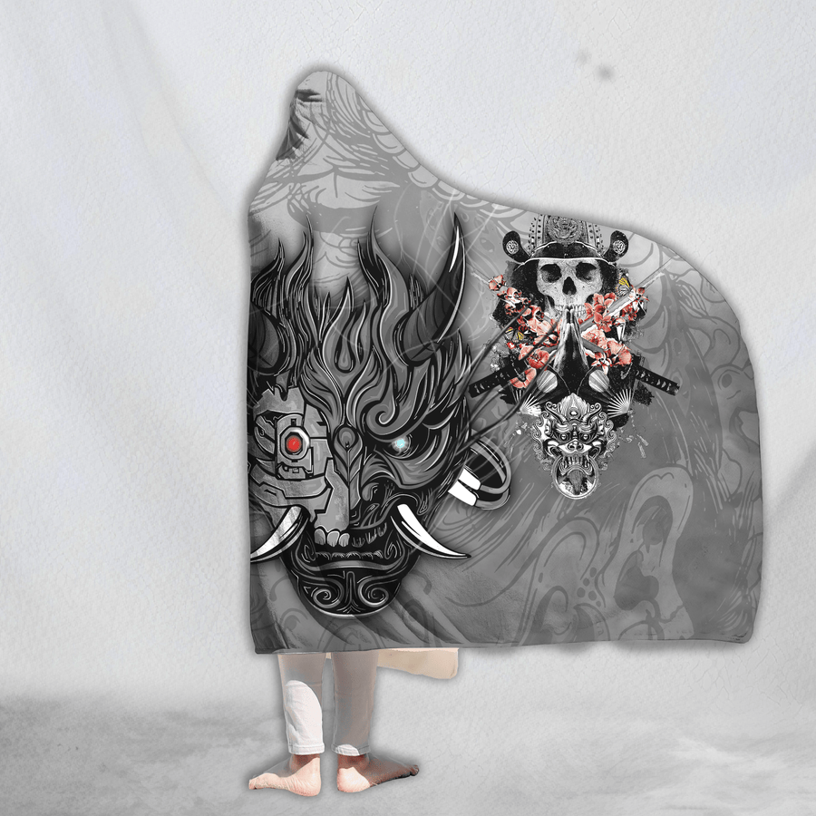 Samurai Oni Mask Tattoo 3D Over Printed Unisex Hooded Blanket-ML