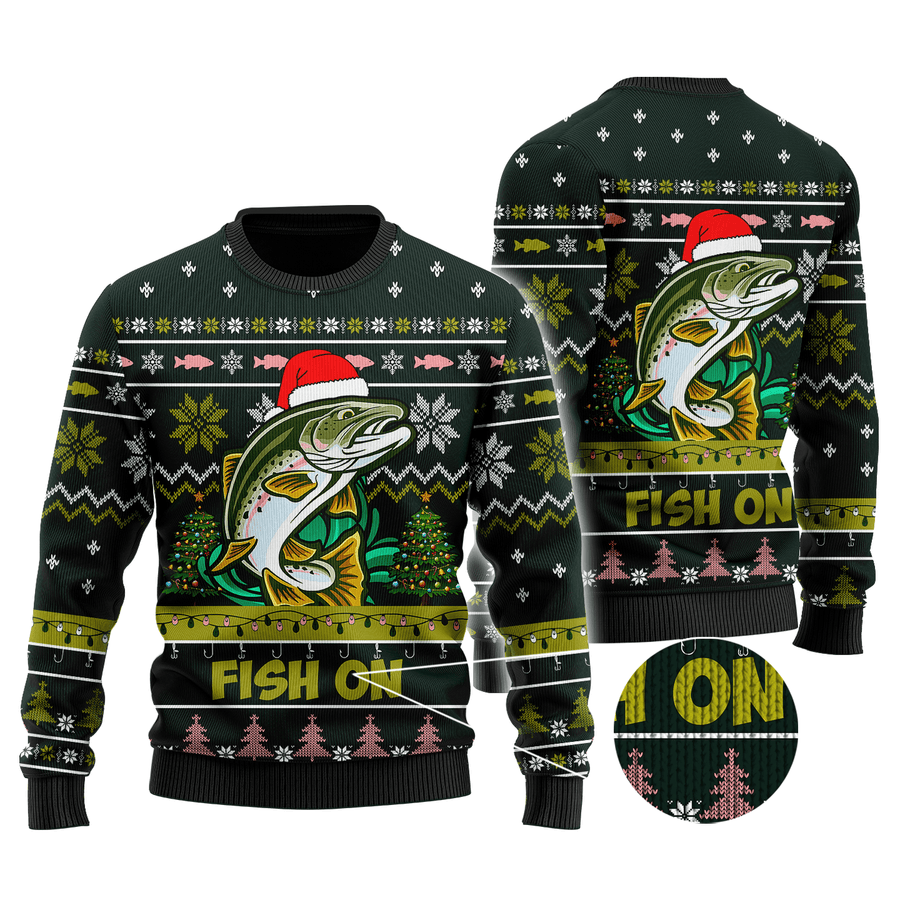Trout Fishing Fish on Christmas Hat Knitted Sweater