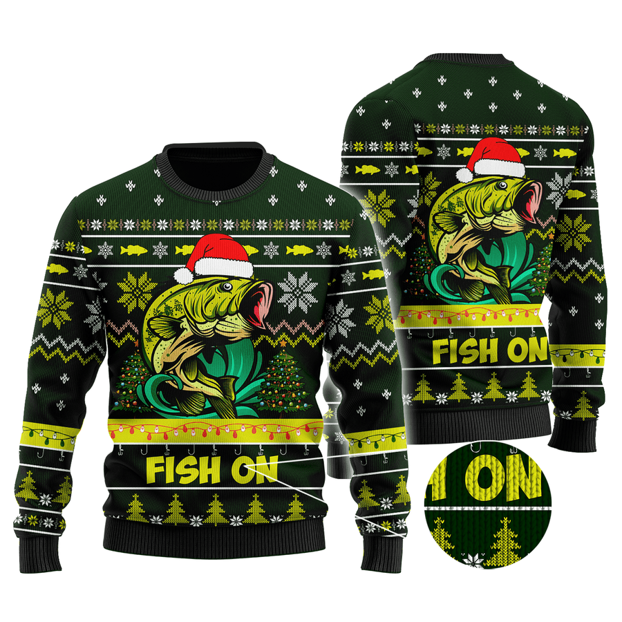 Bass Fishing Fish on Christmas Hat Knitted Sweater