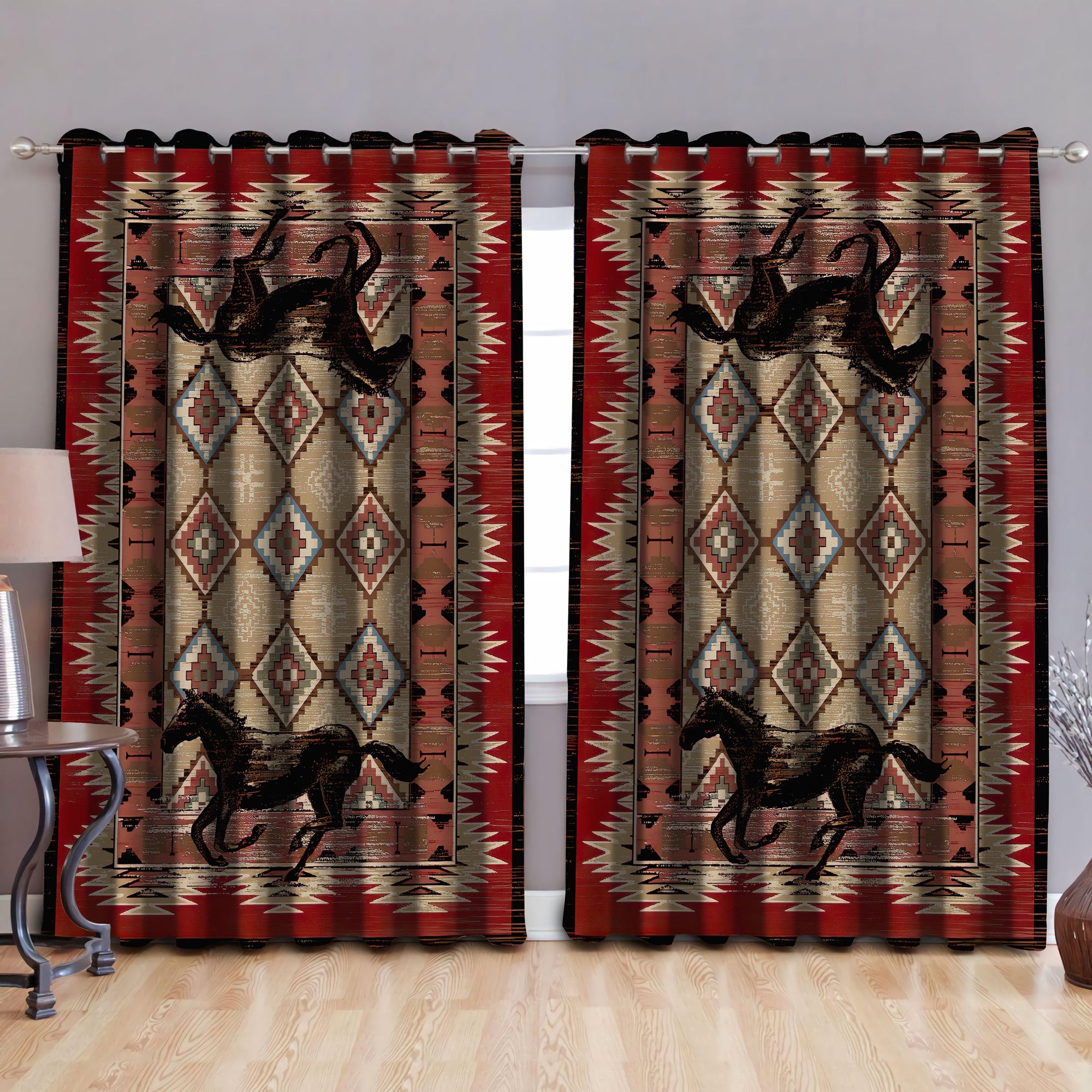 Native American Horses Pattern Blackout Thermal Grommet Window Curtains Pi30052017