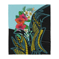 Polynesian Turquoise - Gold Tribal Pattern and Hisbiscus Plumeria Sherpa Blanket ML