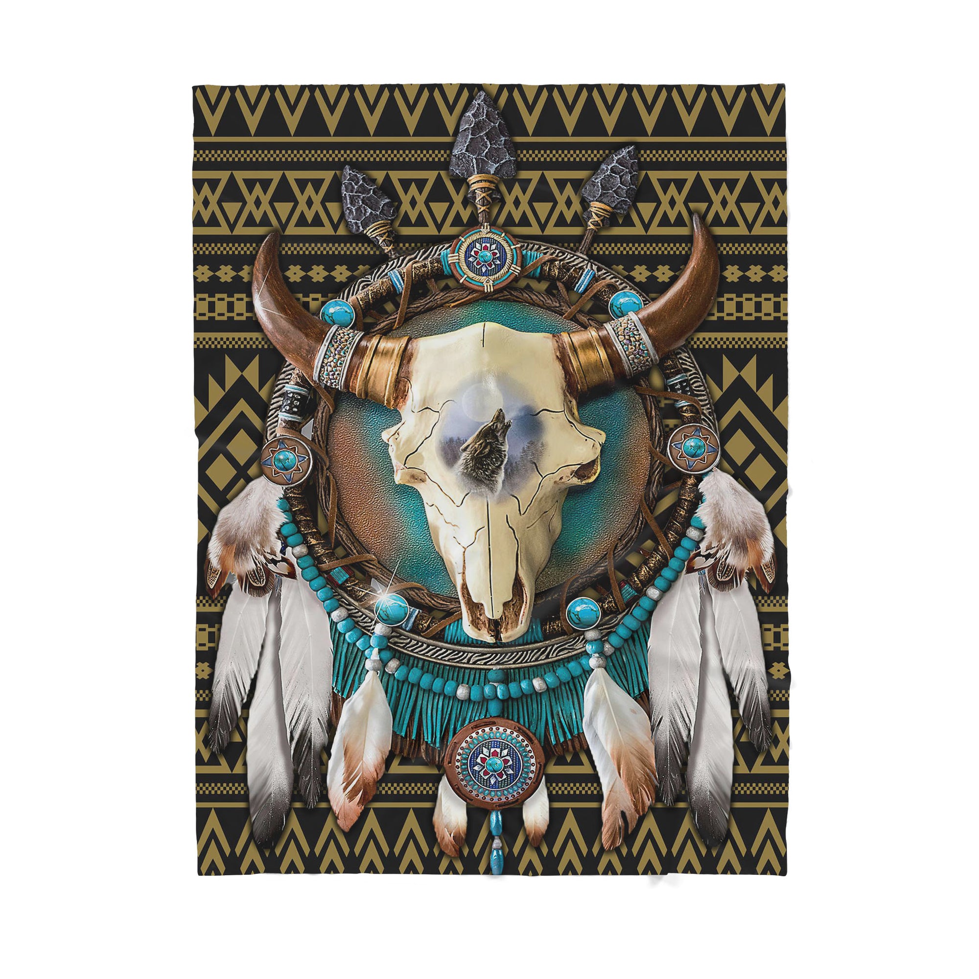 Custom Blanket Native American Bull Skull And Dreamcatcher Sherpa Blanket MEI