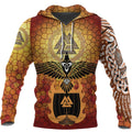 Hoodie Viking Raven Of Odin And Drakkar On Fire On Vignette Gold Valknut