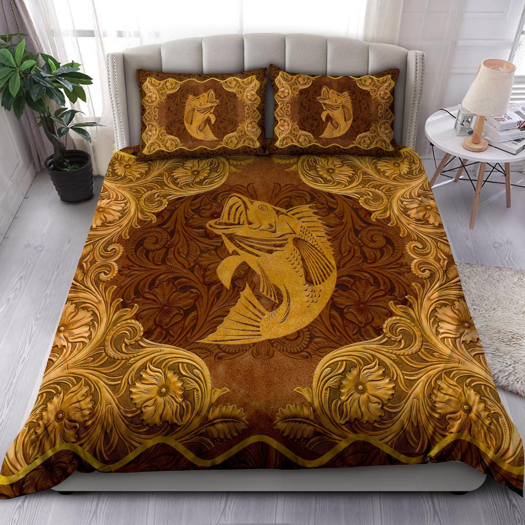 Love Bass Fish antique golden frame 3d printed Bedding set