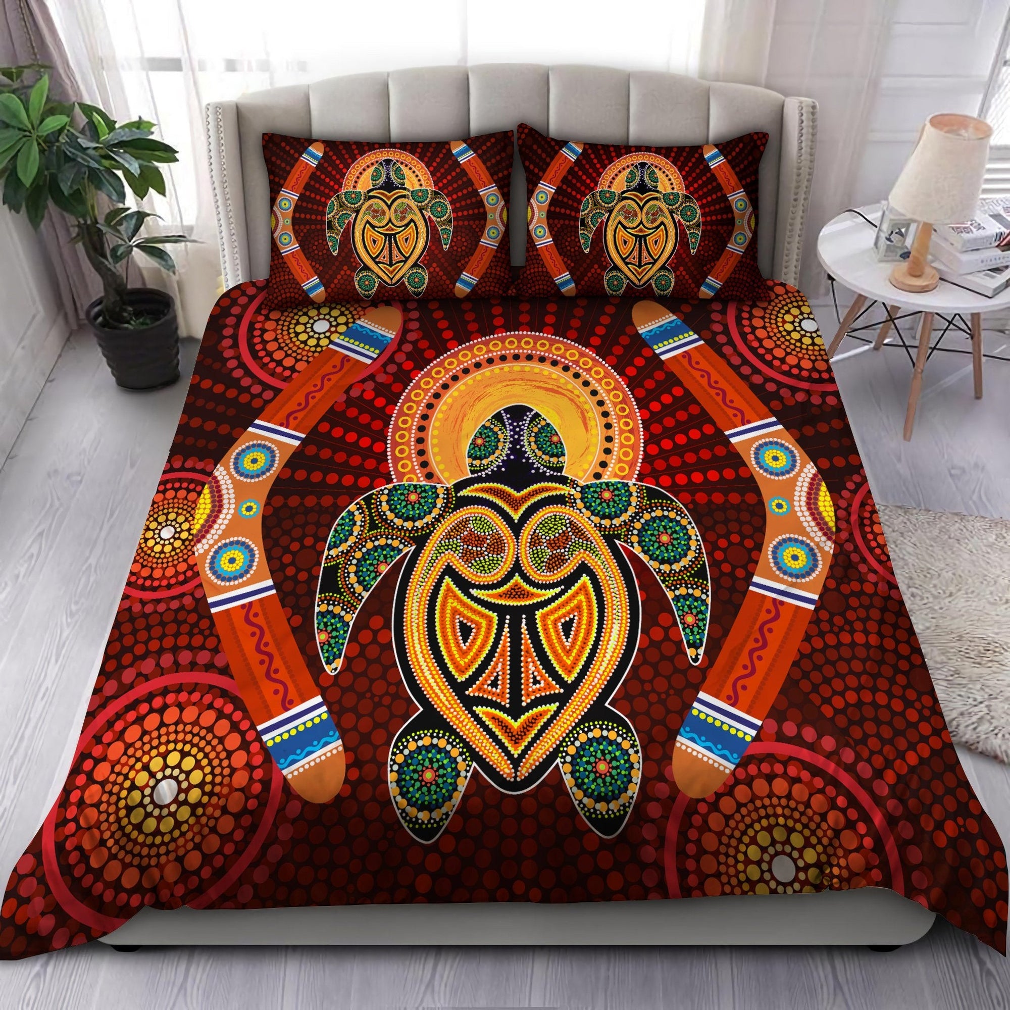 Aboriginal Turtle Boomerangs Bedding Set, Australia Indigenous Painting Art Bedding Set