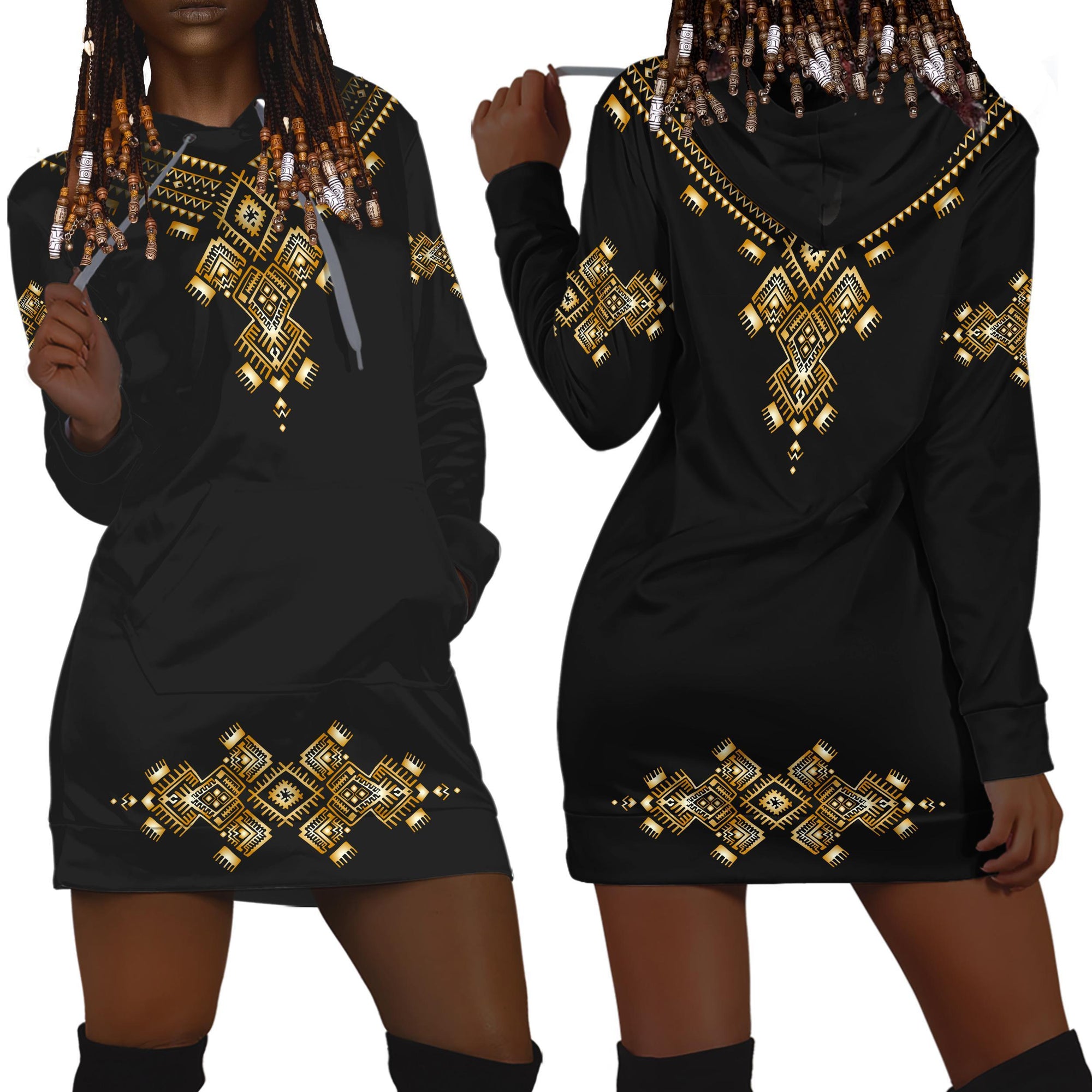 African Golden Pattern Hoodie Dress