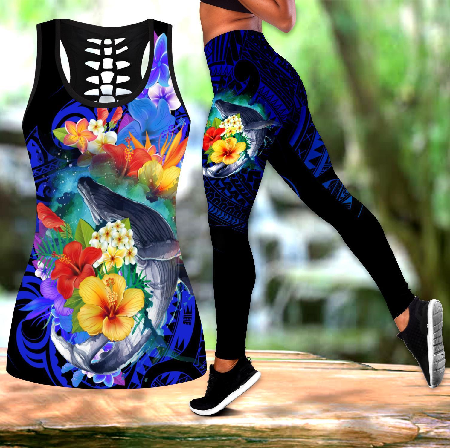 Amazing Kanaka Maoli Humpback Whale with Tropical Flowers Legging & Tank top ML