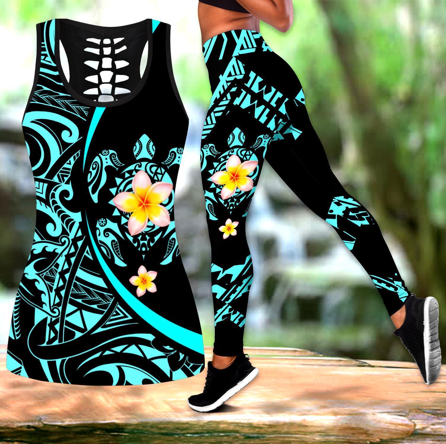 Amazing Polynesian Sea Turtle Tattoo & Hibiscus Legging & Tank top ML